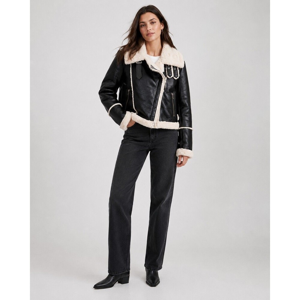 Black Faux Leather Shearling Moto Jacket Women’s XS Superdown Gemma Biker Y2K